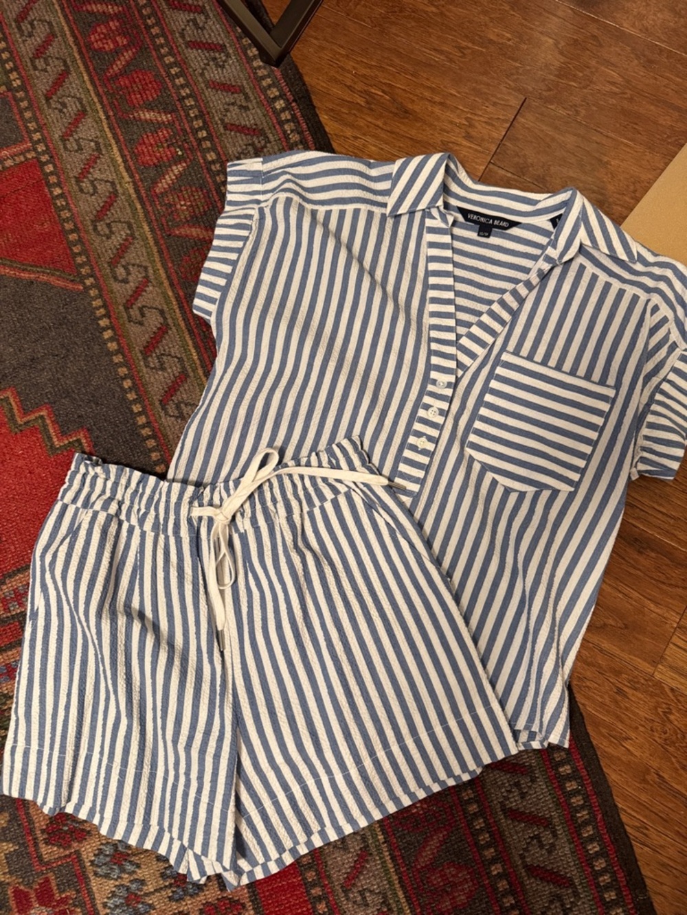 Veronica Beard Blue and White Striped Seersucker Short Set